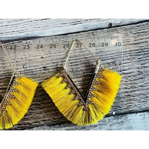 Brand New Yellow Fringe Chevron Dangle Gold Tone Earrings Costume Jewelry 3/$18 - Picture 2 of 6